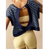 image:imageFloerns Womens Open Back Workout Top Striped Short Sleeve Gym Athletic Running TeesBlue
