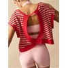 image:imageFloerns Womens Open Back Workout Top Striped Short Sleeve Gym Athletic Running TeesRed