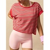 image:imageFloerns Womens Open Back Workout Top Striped Short Sleeve Gym Athletic Running TeesRed