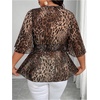 image:imageFloerns Womens Plus Size Cheetah Peplum Tops V Neck Short Sleeve Smocked Summer BlousesBrown