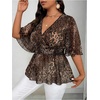 image:imageFloerns Womens Plus Size Cheetah Peplum Tops V Neck Short Sleeve Smocked Summer BlousesBrown
