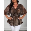 image:imageFloerns Womens Plus Size Cheetah Peplum Tops V Neck Short Sleeve Smocked Summer BlousesBrown
