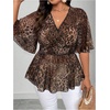image:imageFloerns Womens Plus Size Cheetah Peplum Tops V Neck Short Sleeve Smocked Summer BlousesBrown
