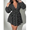 image:imageFloerns Womens Plus Size Polka Dots Dress Deep V Neck Lantern Sleeve A Line Mini DressesBlack Polka Dots