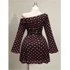 image:imageFloerns Womens Plus Size Polka Dots Mesh Mini Dress Ruched Off The Shoulder Long Sleeve Party DressesBrown