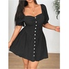 image:imageFloerns Womens Plus Size Polka Dots Short Dress Ruched Button Down Puff Sleeve Date Night DressesBlack