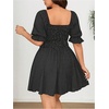image:imageFloerns Womens Plus Size Polka Dots Short Dress Ruched Button Down Puff Sleeve Date Night DressesBlack