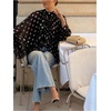 image:imageFloerns Womens Polka Dots Bishop Sleeve Shirts Tie Neck Mesh Blouse TopsBlack