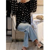 image:imageFloerns Womens Polka Dots Bishop Sleeve Shirts Tie Neck Mesh Blouse TopsBlack