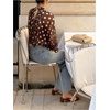 image:imageFloerns Womens Polka Dots Bishop Sleeve Shirts Tie Neck Mesh Blouse TopsCoffee Brown