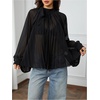 image:imageFloerns Womens Polka Dots Bishop Sleeve Shirts Tie Neck Mesh Blouse TopsDark Black