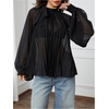image:imageFloerns Womens Polka Dots Bishop Sleeve Shirts Tie Neck Mesh Blouse TopsDark Black