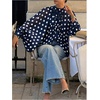 image:imageFloerns Womens Polka Dots Bishop Sleeve Shirts Tie Neck Mesh Blouse TopsDark Blue