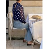 image:imageFloerns Womens Polka Dots Bishop Sleeve Shirts Tie Neck Mesh Blouse TopsDark Blue
