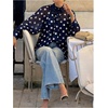 image:imageFloerns Womens Polka Dots Bishop Sleeve Shirts Tie Neck Mesh Blouse TopsDark Blue