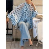 image:imageFloerns Womens Polka Dots Bishop Sleeve Shirts Tie Neck Mesh Blouse TopsLight Blue