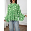 image:imageFloerns Womens Polka Dots Bishop Sleeve Shirts Tie Neck Mesh Blouse TopsLight Green