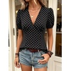 image:imageFloerns Womens Polka Dots Blouses Short Sleeve Lace Trim V Neck TopsBlack