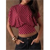 image:imageFloerns Womens Polka Dots Crew Neck Cinched Waist Dolman Sleeve Crop TopsBurgundy