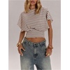 image:imageFloerns Womens Polka Dots Crew Neck Cinched Waist Dolman Sleeve Crop TopsWhite Stripe