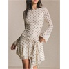 image:imageFloerns Womens Polka Dots Draped Backless Mini Dress Tie Front Mesh Long Sleeve Ruffle Party DressesApricot