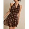 image:imageFloerns Womens Polka Dots Draped Halter Dress Tie Backless Party Going Out Mini Dress with ShortsBrown