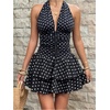 image:imageFloerns Womens Polka Dots Halter Backless V Neck Ruffle Runched Mini DressBlack and Polka Dots