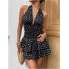 image:imageFloerns Womens Polka Dots Halter Backless V Neck Ruffle Runched Mini DressBlack and Polka Dots