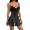 image:imageFloerns Womens Polka Dots Lace Spaghetti Strap Ruffle Mini DressesBlack