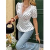 image:imageFloerns Womens Polka Dots Lace Trim Satin Tops V Neck Puff Sleeve Dressy Casual Going Out TopBlack White Lace