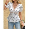 image:imageFloerns Womens Polka Dots Lace Trim Satin Tops V Neck Puff Sleeve Dressy Casual Going Out TopBlack White Lace