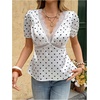 image:imageFloerns Womens Polka Dots Lace Trim Satin Tops V Neck Puff Sleeve Dressy Casual Going Out TopBlack White Lace