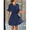 image:imageFloerns Womens Polka Dots Mini Dress Elegant Tie Neck Short Sleeve Ruffle Hem Date Night DressesDark Blue