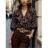 image:imageFloerns Womens Polka Dots Ruffle Button Down Shirts Dressy Casual 34 Sleeve Work Blouses Office ClothesBrown