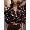 image:imageFloerns Womens Polka Dots Ruffle Button Down Shirts Dressy Casual 34 Sleeve Work Blouses Office ClothesBrown