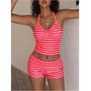 image:imageFloerns Womens Striped Bikini Sets Halter Top and Fold Over Shorts Two Piece Bathing SuitPink