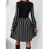 image:imageFloerns Womens Striped Bishop Sleeve A Line Dress Crewneck Elegant Short DressesBlack and White