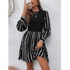image:imageFloerns Womens Striped Bishop Sleeve A Line Dress Crewneck Elegant Short DressesBlack and White