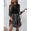 image:imageFloerns Womens Striped Bishop Sleeve A Line Dress Crewneck Elegant Short DressesBlack and White