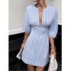 image:imageFloerns Womens Striped Notched V Neck Shirt Dress Summer Bishop Sleeve Business Casual DressesBlue