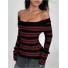 image:imageFloerns Womens Striped Off The Shoulder Sweater Y2k Long Sleeve Knit Pullover Sweater Club OutfitsBurgundy