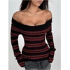 image:imageFloerns Womens Striped Off The Shoulder Sweater Y2k Long Sleeve Knit Pullover Sweater Club OutfitsBurgundy
