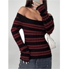 image:imageFloerns Womens Striped Off The Shoulder Sweater Y2k Long Sleeve Knit Pullover Sweater Club OutfitsBurgundy
