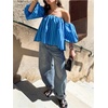 image:imageFloerns Womens Striped Off The Shoulder Tops Lantern Sleeve Beach Vacation Summer BlousesBlue