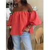 image:imageFloerns Womens Striped Off The Shoulder Tops Lantern Sleeve Beach Vacation Summer BlousesRed