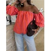 image:imageFloerns Womens Striped Off The Shoulder Tops Lantern Sleeve Beach Vacation Summer BlousesRed