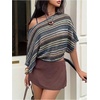 image:imageFloerns Womens Striped Off The Shoulder Tops Short Sleeve Beach Vacation Going Out TopDark Blue