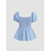image:imageFloerns Womens Striped Peplum Tops Sweetheart Neck Puff Sleeve Ruffle Hem Smocked Summer BlousesBlue