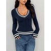 image:imageFloerns Womens Striped Preppy Sweaters V Neck Cable Knit Going Out Fall Pullover TopsDark Blue