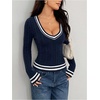 image:imageFloerns Womens Striped Preppy Sweaters V Neck Cable Knit Going Out Fall Pullover TopsDark Blue